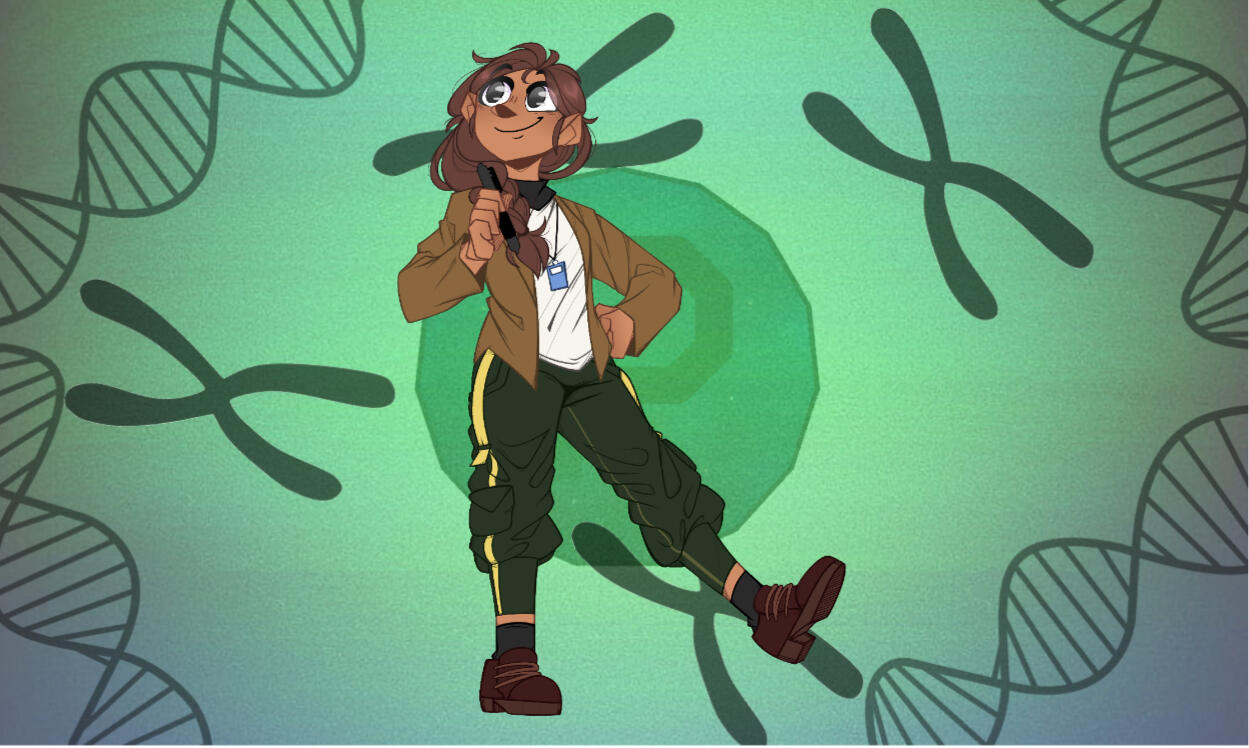 Amino stands in front of Season 1's background with her left leg outstretched and her gaze off somewhere else.