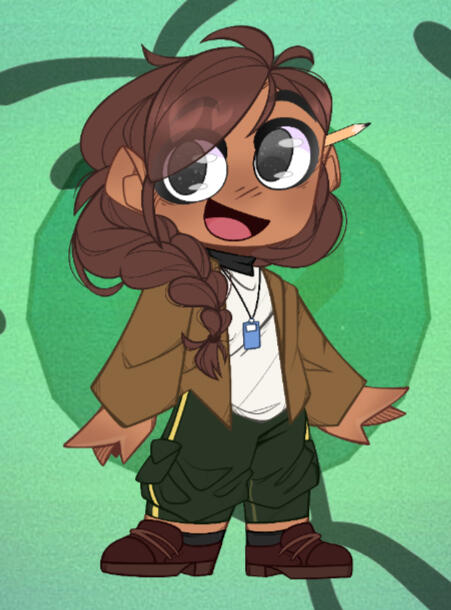 A smaller, cuter drawing of Amino stands in front of Season 1's green background with her pencil in her hair and looking to the camera