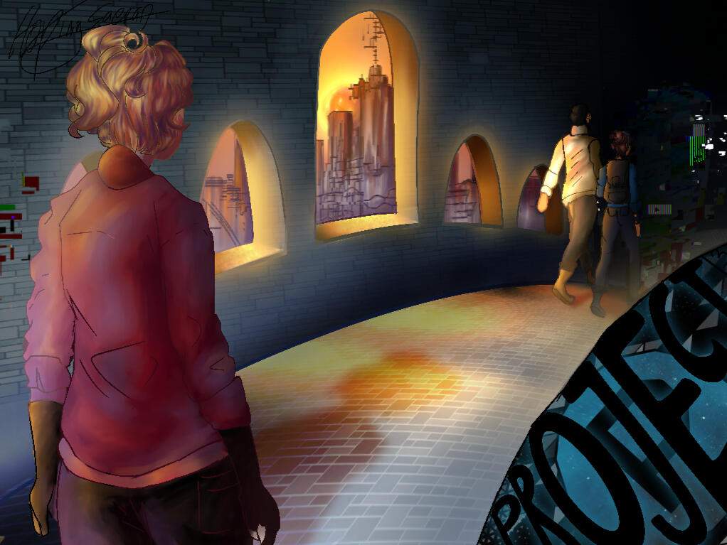 Magma stands to the left of the image while standing on a bridge during the sunset. She stares at Gadgeteer and Crow walking off together.