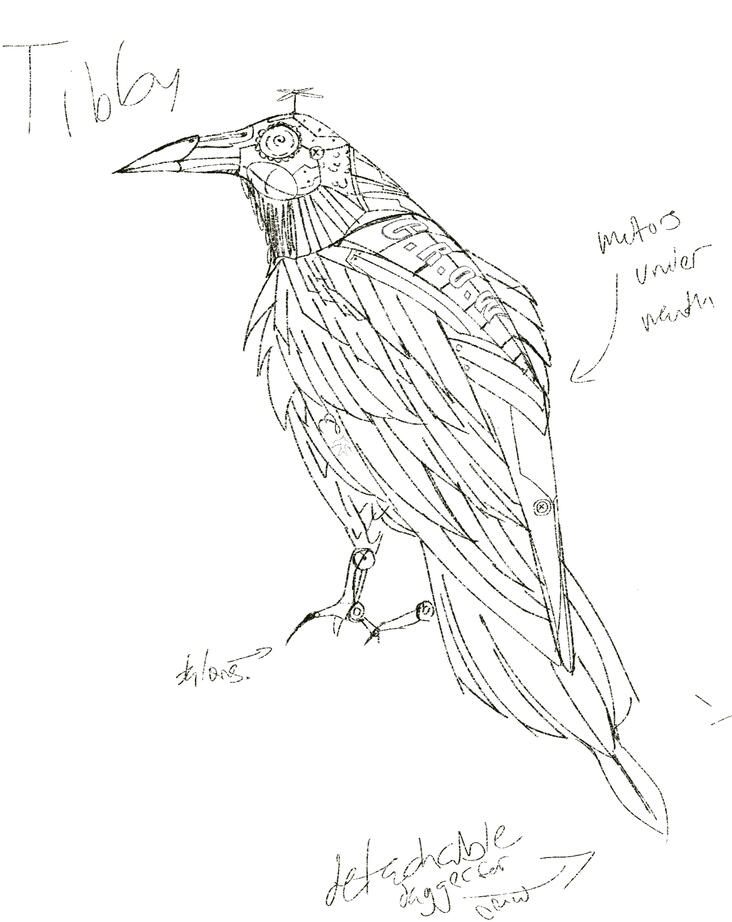 A drawing of a robotic crow with it's wings closed lies center page. Captions lie to the side labeling different parts of the design: Caption #1 Motor under wings; Caption #2 Talons; Caption #3 Detachable Dagger Claw