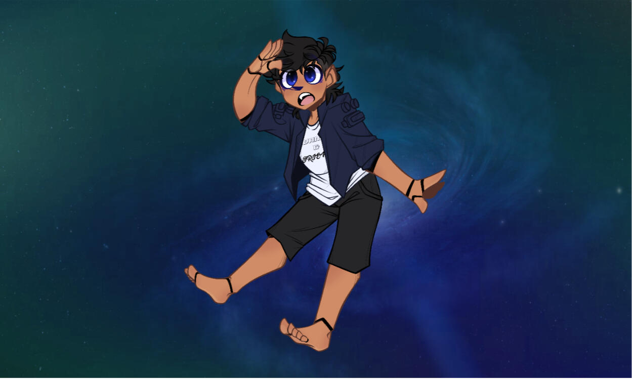 Eraser stands in the center of the page leaning back on his left heel with his right leg sticking out. His right arm lies on his forehead as he looks to his right with amazement.