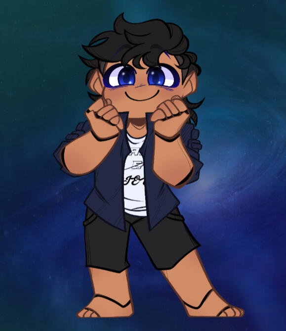 A cute chibi of Eraser stands in the center of the page with his arms pulled to his chest in excitement with a grin on his face.