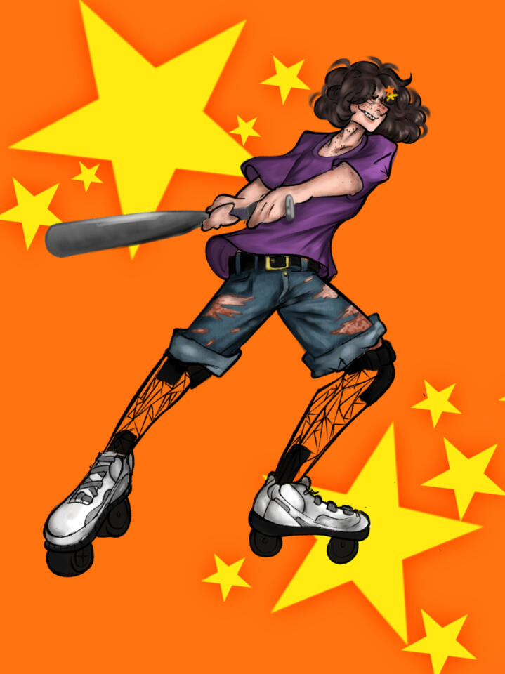Pitcher stands in front of an orange background with stars in the top left and bottom right corners. Her left leg is extended outward and while she prepares to swing her solid gray baseball bat.