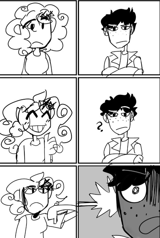 A Comic Panel 1: Pitcher looks to her left; Panel 2: Error looks to his right at Pitcher disapprovingly; Panel 3: Pitcher smiles at Error while giving him a thumbs up; Panel 4: Error looks at Pitcher inquisitively (a question appears near his head); Panel